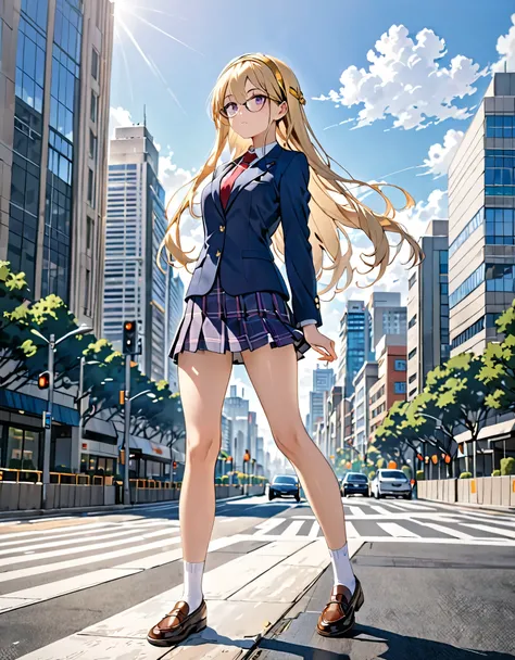 best quality, masterpiece, hires, young woman, blonde hair, long hair, golden headband, purple eyes, glasses, school uniform, blue blazer, red necktie, pleaded skirt, miniskirt, white socks, brown shoes, city background, daytime, (bare legs:1.2), looking a...