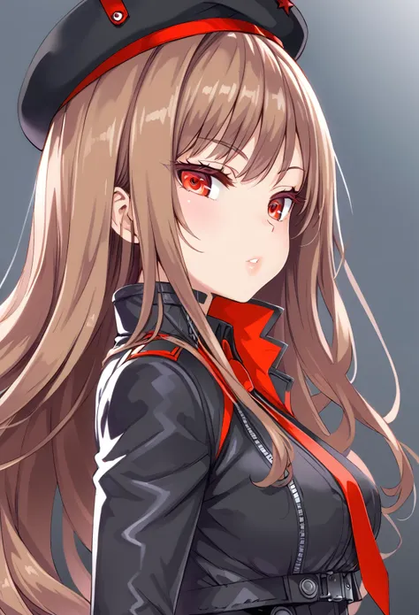 (超詳細なeye、詳細なface, super high definition、super high quality、eye),rapidef, red eyes, brown hair, long hair, bangs, beret, black ja...