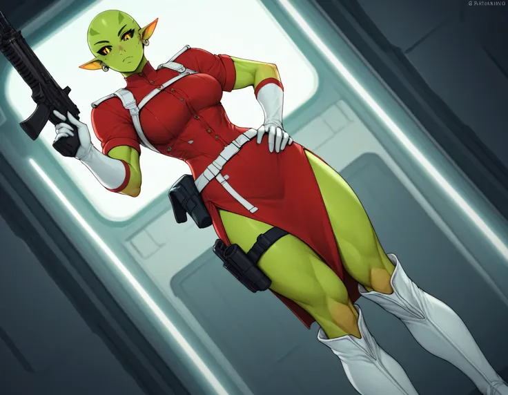 (((Solo))), score_9,score_8_up,score_7_up, alien girl, monster girl, slit pupils, yellow pupils, black sclera, green skin, pointy ears, bald, hourglass figure, (((1girl))), medium breasts, athletic, (((red sci-fi uniform with white accents))), (((red unifo...