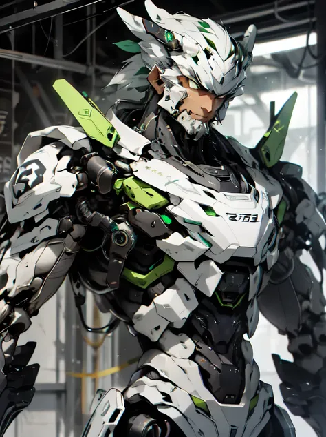 a guy wear mech suit, emerald color, best quality