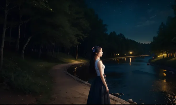 original, (masterpiece), (illustration), ( extremely fine and beautiful ), (perfect details), ( unity CG 8K background :1.05), ( beautiful and clear background:1.25), (Depth of field:0.7), 1 girl,huanxiaoyi , (standing by the river :1.15).(hair blowing in ...