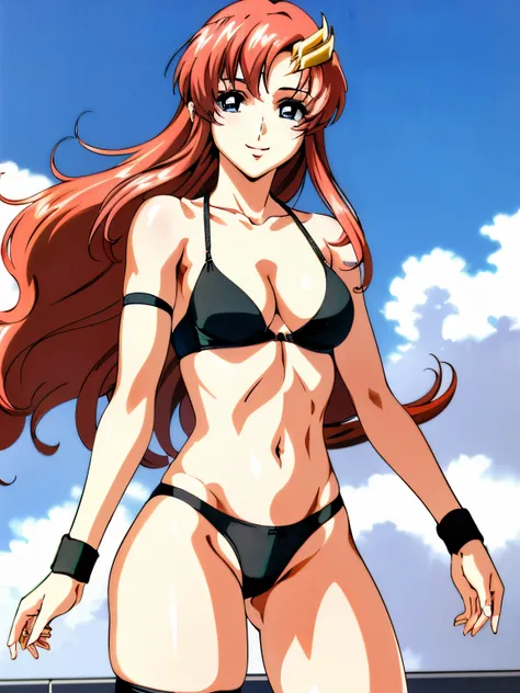 lacus4, (black bikini:1.5), (running, thong, (tall girl:1.5), (biceps:1.1), (hair details:1.3), (pale skin:1.2), (face details:1.0), masterpiece, cowboy shot, very slim shoulders, 4K, (Best Quality:1.2), Anime style: 1.9, happy, Adult Woman, (ultra detaile...