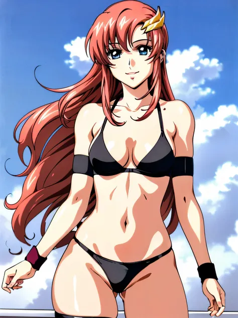 lacus4, (black bikini:1.5), (running, thong, (tall girl:1.5), (biceps:1.1), (hair details:1.3), (pale skin:1.2), (face details:1.0), masterpiece, cowboy shot, very slim shoulders, 4K, (Best Quality:1.2), Anime style: 1.9, happy, Adult Woman, (ultra detaile...