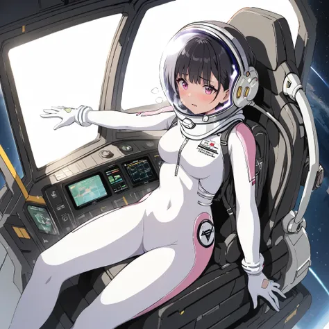 1人of女of子,Alone,short hair,(Space Suit:1.15), Black Hair Space Helmet ,whole body, indoor, masterpiece of the highest quality, trembling, difficulty breathing, bodysuit,Lumine , Bubble Helmets , short hair, backpack,gloves,blush,internal (cockpit) of (Fu...