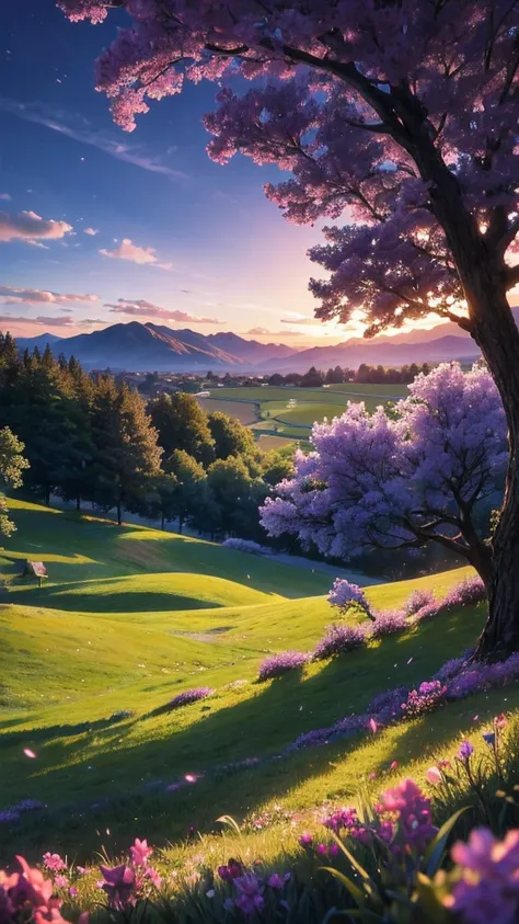 a magical scene. 
 a beautiful meadow with verdant grasses, prehistoric trees .
 in the background a shimmering lilac sunset , o...