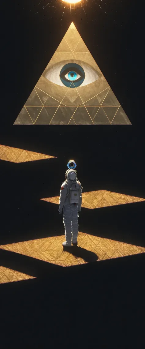 huge (Eye of Providence:1.4) in the sky,1boy\(astronaut, spacesuit, (from back:1.6), standing on asteroid, (astronaut looks so small from far away:1.8), looking up\),Eye of Providence\(so huge, (geometric:1.6),(baklit)\), BREAK ,background\(Eye of Providence in the sky, space, stars\), long shot, long view, low brightness, BREAK ,quality\(8k,wallpaper of extremely detailed CG unit, high resolution, top-quality, top-quality real texture skin, hyper realistic, increase the resolution, RAW photos, best quality, highly detailed, the wallpaper,golden ratio,high saturation realism, vibrant colors, dramatic lighting, persuasive storytelling, atmospheric scenery, captivating visuals, intricate details, strong emotions,dreamlike world\)