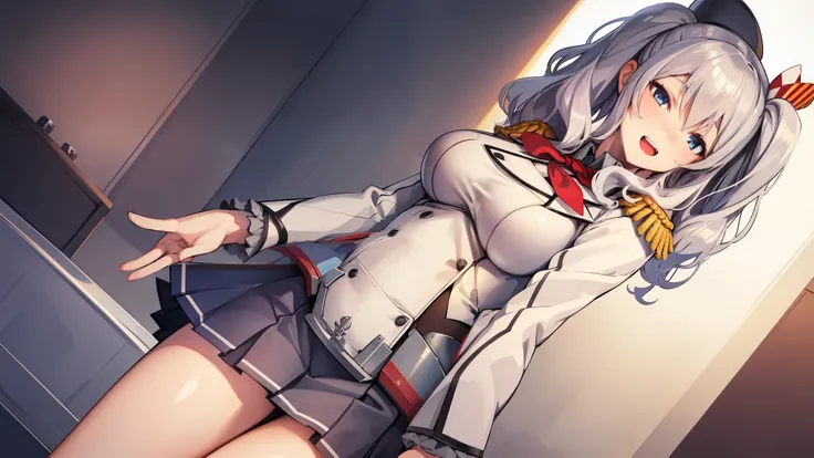 Open mouth, large breasts ,blue eyes,BTPT-FC,wide hips,smile,,wide hips,open mouth,wavy hair,solo,kashima,twintail,
silver hair,tsurime,kantai collection, smile,,wide hips, best quality,white jacket, military jacket, military uniform,gray skirt,pleated ski...