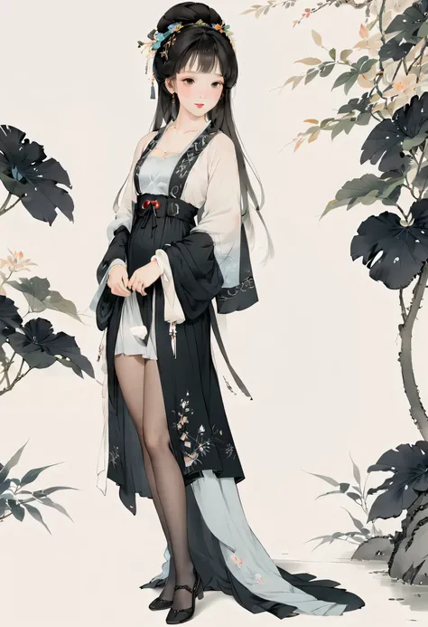 8K, masterpiece, best quality, 2D, ( Traditional Chinese Ink Painting :0.2), (Perfect hands:1.4), black pantyhose,Wearing Hanfu,Hair with bangs ,The black pantyhose on the legs are exposed,Breast fullness, spread your legs , Perfect leg shape, young body,D...