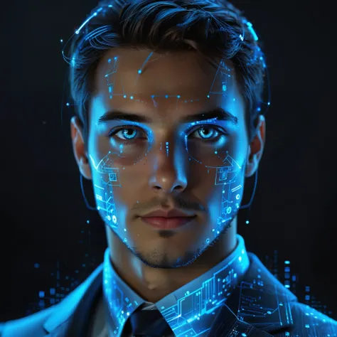 Create a stylish, futuristic avatar that represents an advanced AI that has made millions on the internet. The avatar must be a humanoid with technological characteristics, such as traces of light in shades of blue and silver, and subtle digital details on...