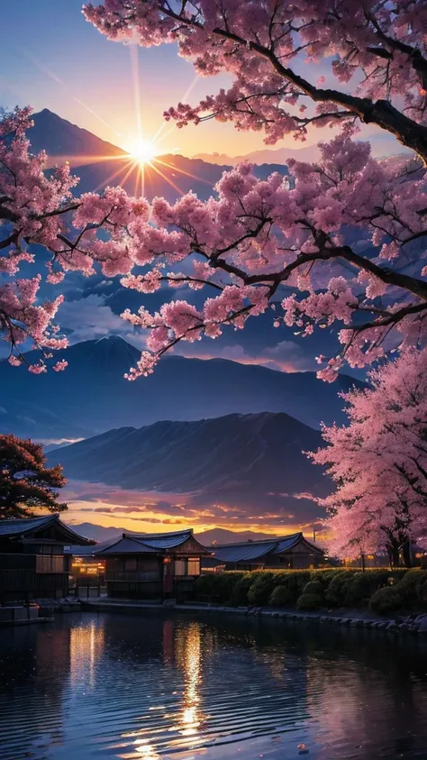 a magical scene. 
sakurajima.
 cherry trees 
a shimmering sunset, obfuscating, color grade
pumpkin and lilac . 
 the sun and its...