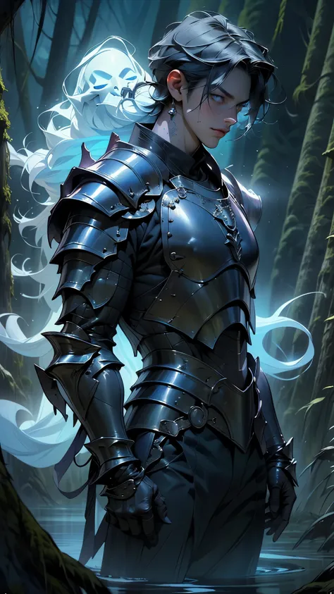 ghost,((male ghost:1.5)),ghost knight, Burnt armor, blue fire-color reflected armor, demonic dragon inspired armor, corrupted armor, gothic armor, black and blue colored armor, black gears,

((blue-armored male warrior:1.5)),Elaborate heavy armor,Blue Ghos...