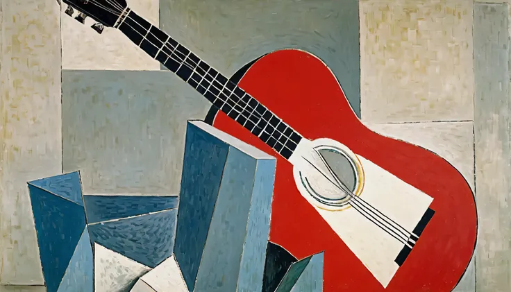 ,     By Pablo Picasso   ,Guitar,Oil,カラフルなGuitarと背景は平面構成のみ, red is the point , There is no one.no autograph