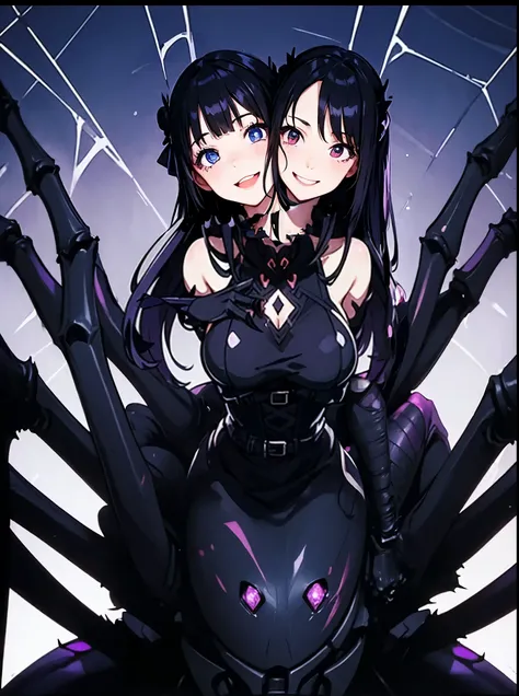 Arachne. Twin head girl. Gothic costumes. Grinning. Evil Smile. Spider web motif dress. Bust-up.