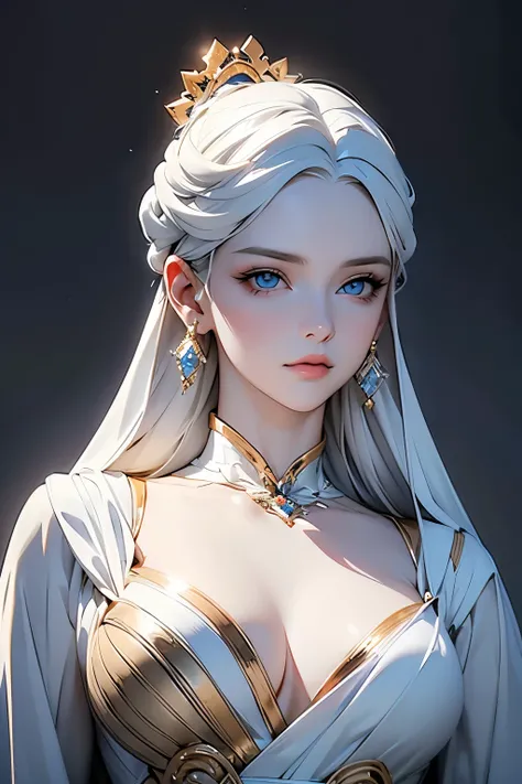 ( Marble Statue of the Moon ), silver hair,  blue eyes , Detailed eyes, Detailed face, White, Gold ornament,  focuses on faces,  spotlight ,  Detailed Shading,  high contrast, Perfectly crafted piece , ​masterpiece, Best Quality,  Highest quality