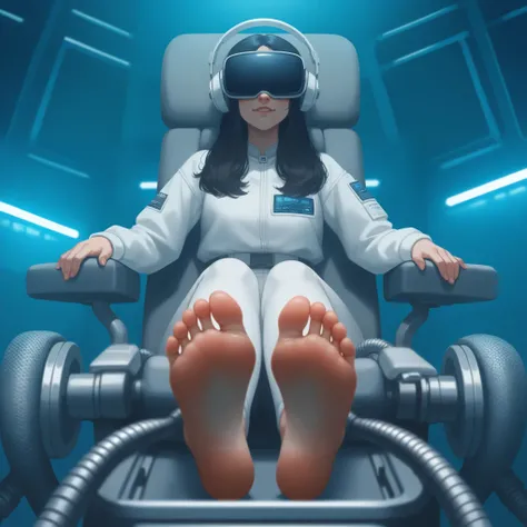 Female researcher, wearing a vr headset, seated in a futuristic lounge chair, barefoot, ankles restrained, soles exposed, soles visible, sexy feet, her soft soles are brushed by machinery, bristled foot tickler devices, inside a metal laboratory.