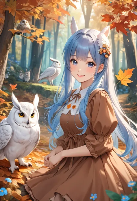  light blue long hair 、Beautiful girl with twin tails、Bright smile、 close-up 、cute brown dress、Autumnal Forest(photograph). there are flowers blooming underfoot、A big white owl is watching over the girl 、 fantasy world, There are rabbits and squirrels 、 an...