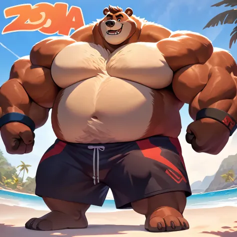 huge muscular kodiak bear in tropical island beach, big growl, kodiak bear, huge brown fur, thick arm, huge arm, huge white fur,...