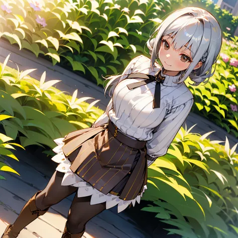 (high quality,  Kampala, Very detailed, reality:1.37), Peaceful atmosphere, (Outdoor, garden), Teenage girl standing alone, (My breasts are large.), Beautiful details,  cute smile , (Silver bob hair), Ribbed sweater,Brown skirt, Black tights, Brown boots.