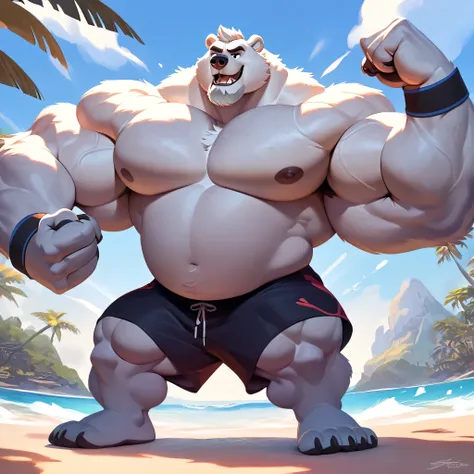 huge muscular polar bear in tropical island beach, big growl, polar bear, huge white fur, thick arm, huge arm, huge white fur, t...