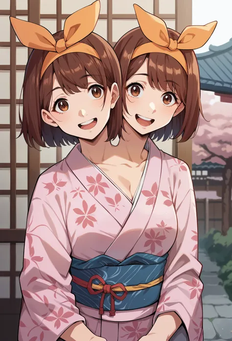 two heads, haruhi, 1girl, solo, breasts, smile, short_hair, open_mouth, bangs, brown_hair, ribbon, brown_eyes, medium_breasts, hair_ribbon, upper_body, :d, hairband, japanese_clothes, medium_hair, kimono, parody, yukata, pink_kimono, yellow_hairband, orang...