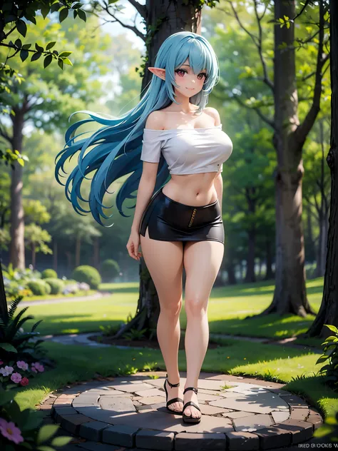 realistic image, detailed image, coherent image, 1 beautiful elf, she has very long hair, light blue hair, red eyes, smiling expression. She is wearing an off-the-shoulder t-shirt, showing her navel, a pleated miniskirt, She has a curvy body, large breasts...