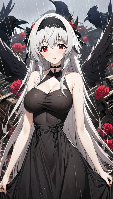 kampala , accurate,  detail, masterpiece, silver hair,and long hair ,winged,girl with wings on her back, red eyes, rose countrie...