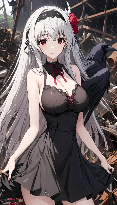 kampala , accurate,  detail, masterpiece, silver hair,and long hair ,winged,girl with wings on her back, red eyes, rose countrie...