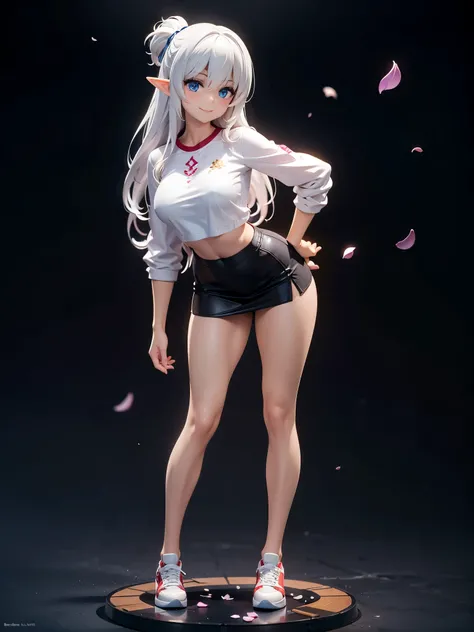 realistic image, detailed image, coherent image, 1 beautiful elf, she has very long hair, white hair, light blue eyes, smiling expression. She is wearing a long-sleeved t-shirt, showing her navel, a pleated miniskirt, sneakers, She has a curvy body, medium...