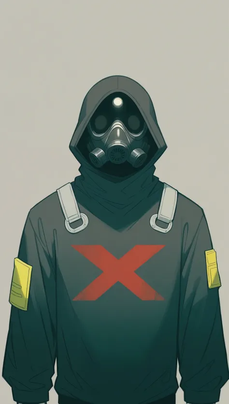 male,   He wears a black gas mask that covers his face  .,   The gas mask has yellow accents and yellow details on the eyes and the filter.,   Black clothing with cyberpunk design  ,   Metallic texture y mechanical decorations in some places  .,  deep black sweatshirt  , Thin and tall,   Tight clothing with visible body lines . ., facing front,   Composition like a scene from a movie  ,   Dutch angle  , implacable, calm, cruel, and ruthless  . Thin and tall,   Tight clothing that reveals body lines . .,   drawn to the upper body  ,   ,   Composition like a scene from a movie  ,   Dutch angle  , implacable and calm,   relentless and relentless in its pursuit of its opponents  ,   Cold-blooded thinking with no means to an end  ,   Air pollution and toxic fumes in the air  ,  dystopian environment .  eznegativxl  ,