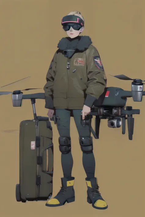 full body image , ( Ultra detailed, ultra high resolution , detailed background),((2d)),((flat color)),((dull color)), 1SOLO, looking at the viewer , baggy flight suit, bomber jacket with large sheep collar, ( large yellow galoshes ), Plush necklace, ...
