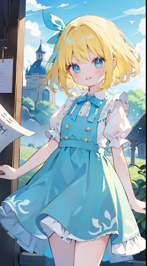 A girl、  Alice in Wonderland 、 yellow hair、curls、Smile、Short sleeve、Alices dress 、 with a light blue ribbon on her head 、 Alice in Wonderland背景、Masterpiece、 Top Quality 、 best image quality 、Cute little、