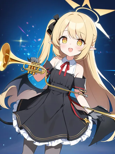 Ibuki (Blue Archive ),Yellow eyes,Pointed ears,blond,Long hair,One side up,Halo,black hair ribbon,trumpet,(Tail,Low Wing:1.2),( black dress:1.2),Bare shoulders,Grey gloves, gray pantyhose ,Mary Jane Shoes,