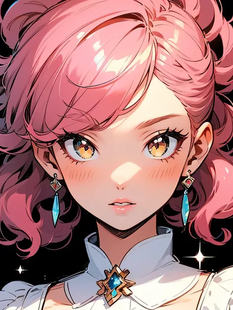 Make a woman with brown almond eyes , Round face, Pink Curly Hair,  big lips and sparkly earrings,(manga style),(sketch),(illutration)