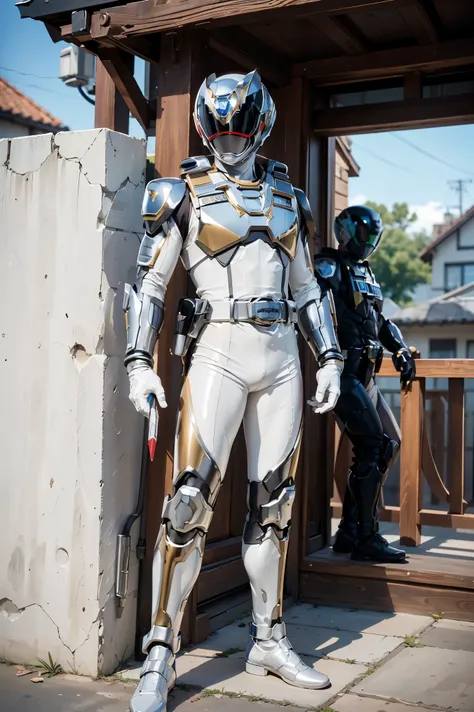 1boy, full body, Illustration, cinematic light, high resolution, best quality, ultra-detailed, masterpiece, power suit, powerranger, suit, spd, (Silver and Gold chest plate), white and gold detail, (((white suit))), ((police theme:1.2))