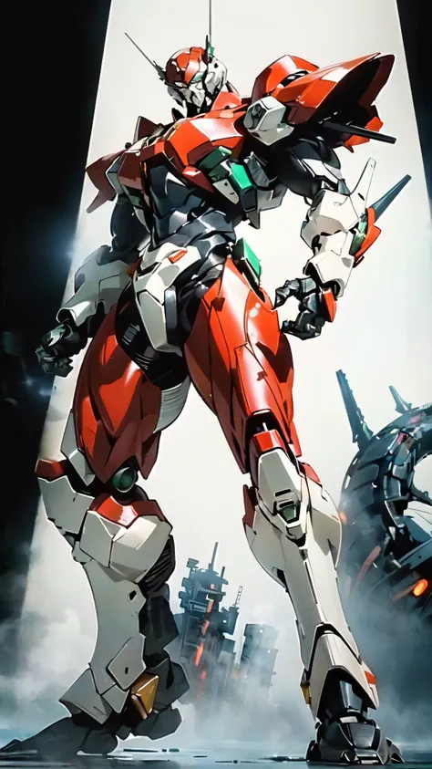 (masterpiece:1.5, best quality:1.5, extremely delicate:1.5, dynamic angle:1.5), ((male:1.5)), Biomimetic humanoid Mecha, green eyes, fully enclosed shoulder guards, matching arm and leg guards, gemstone, full body, full armor, the design balances heavy wit...
