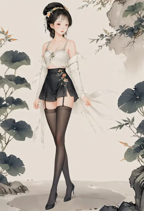 8k, masterpiece, best quality, 2D, ( Traditional Chinese Ink Painting :0.2), black pantyhose, The black pantyhose on the legs are exposed,Long Legs, Seductive Postures, Sexy pose, Very beautiful slender legs , Juicy legs, Wear a skirt, Long, thin legs , Be...