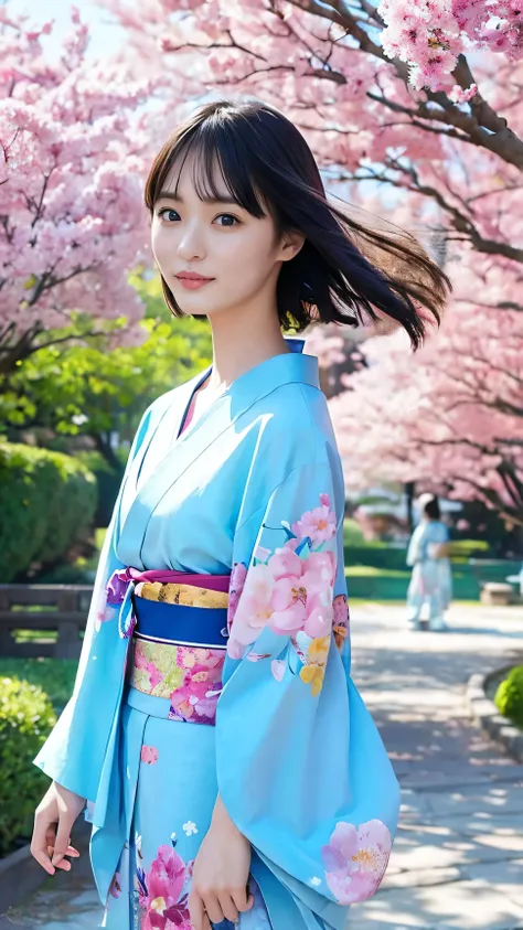 ( hair fluttering in the wind,  long eyelashes,  swaying short skirt hem ,  kimono dyed with traditional japanese patterns , vib...