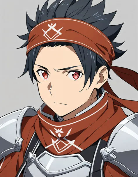 (high-quality, breathtaking),(expressive eyes, perfect face) 1boy, male, solo, portrait, Sword Art Online, Alicization, Symmetrical Eyes, simple background, fantasy outfit, SAO inspired, armor, silver chest plate, sword art online outfit, half body shot, b...