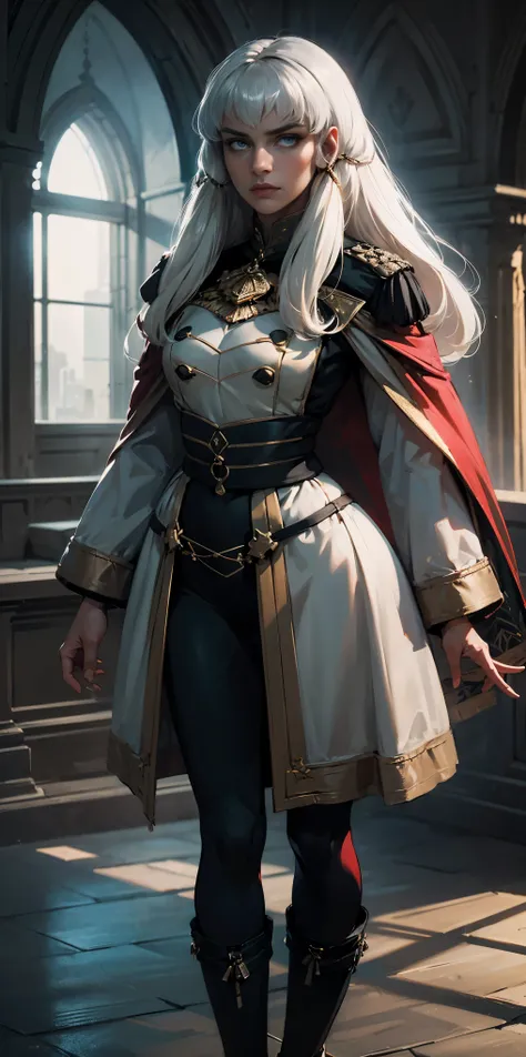 A woman with long platinum blonde hair, choppy bangs, arched crescent eyebrows, sharp and determined eyes, a delicate oval face, a serious expression, a fantasy-style dark green military coat, draped with a dark red waist-length cloak, military trousers, l...