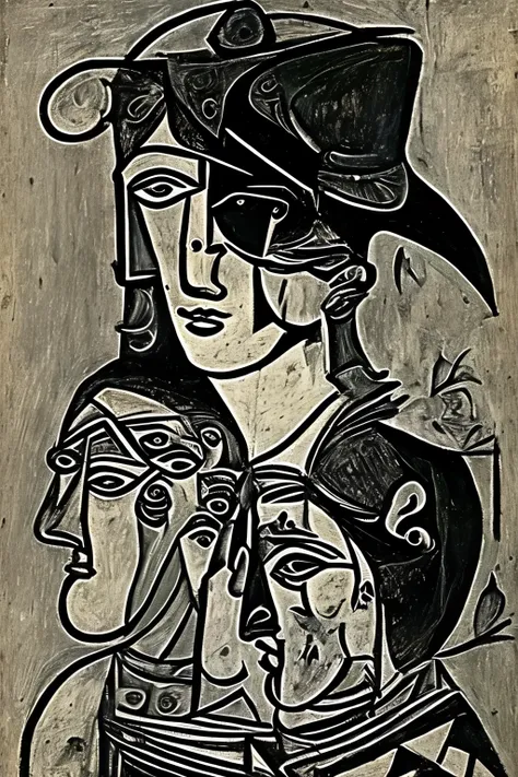 boy and crow,  picasso style, expresionism, drawing style, sketch, artistic composition, black and white