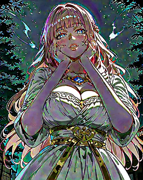 score_9, score_8_up, score_7_up, score_6_up, score_5_up, score_4_up, BREAK source_anime, {{from below, close up, scary, anime, vibrant, outdoors, night sky, solo, by nilsunna, medieval fantasy, solo, saturated, Purple lighting}} mature woman, light pink ha...