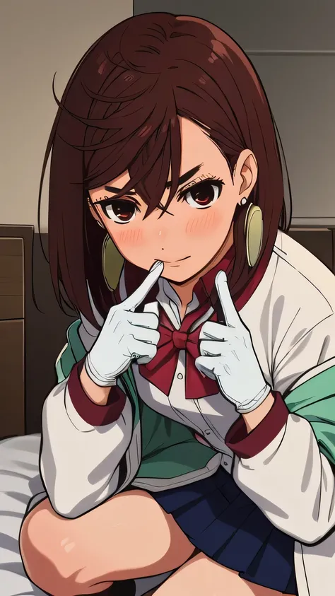 ( masterpiece ),  The best quality ,  Ultra detailed, 4k, 1girl, Alone, socks, hair necklace, skirt negra, White shirt,  collared shirt , long sleeves, hairclip, green jacket, Dress shirt, smile,blush , bedroom,  close up of gloves ,
 girl,catalyst type, b...