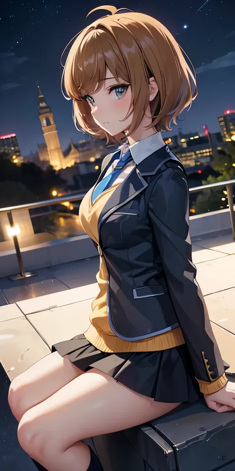 1 Female,High definition,high resolution,Ultra-realistic,8K, hmza, short hair, antenna hair, brown eyes, school uniform,( blue necktie), (yellow shirt),(black jacket), long sleeves, black skirt,tight skirt , ((miniskirt)),European,sexy,Upper body close-up,...