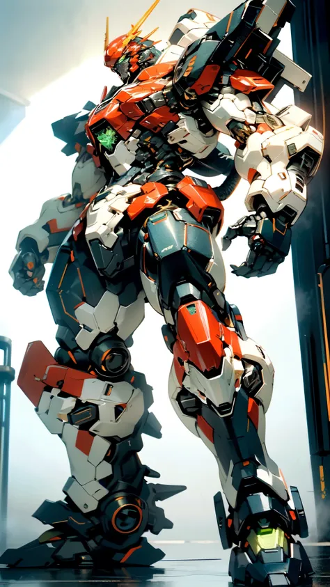 (masterpiece:1.5, best quality:1.5, extremely delicate:1.5, dynamic angle:1.5), ((male:1.5)), Biomimetic humanoid Mecha, green eyes, fully enclosed shoulder guards, matching arm and leg guards, gemstone, full body, full armor, the design balances heavy wit...