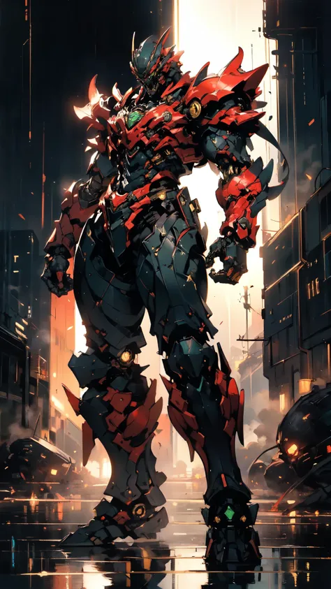 (masterpiece:1.5, best quality:1.5, extremely delicate:1.5, dynamic angle:1.5), ((male:1.5)), Biomimetic humanoid Mecha, green eyes, fully enclosed shoulder guards, matching arm and leg guards, gemstone, full body, full armor, the design balances heavy wit...