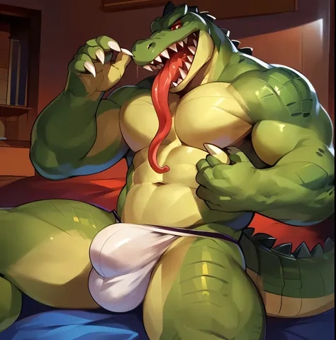 Solo, anthro, male (((reptile, crocodile, red eyes, muscular, long snout, scaled body, green body, green scales, giant, clawed hands, sharp teeth, long tongue, white claws, 5 fingers, white thong, huge bulge))) sitting, bedroom, bed, detaiekd tongue, detai...