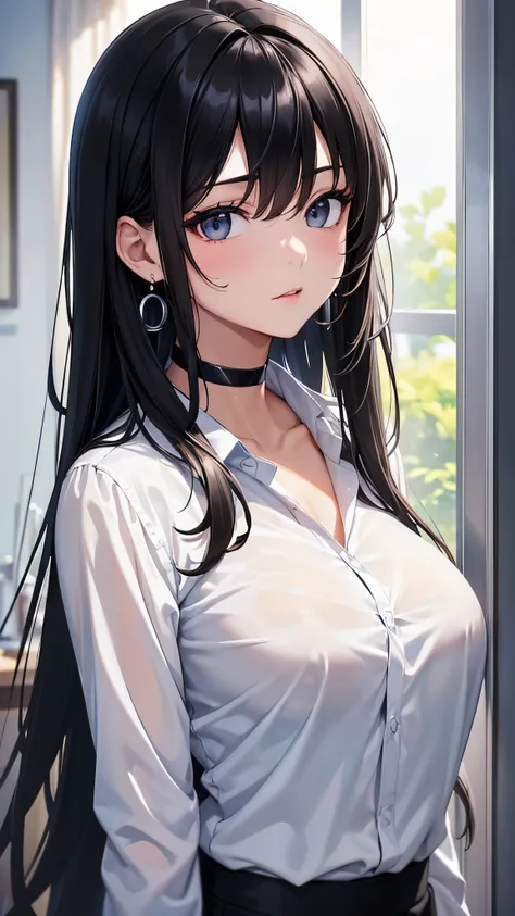 (Best quality at best,8K,A high resolution,tmasterpiece:1.2),Digital artwork, one girl, detailed face, detailed eyes, long black hair, grey eyes, beautiful, white shirt, black choker, silver earrings, medium breasts