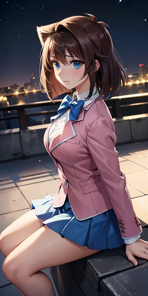 1 Female,High definition,high resolution,Ultra-realistic,8K, aamazaki, (antenna hair:1.2), blue eyes,blue bowtie, pink jacket, blazer, long sleeves, blue skirt, tight skirt, miniskirt,pleated skirt,European,sexy,Upper body close-up,Photographed from the fr...