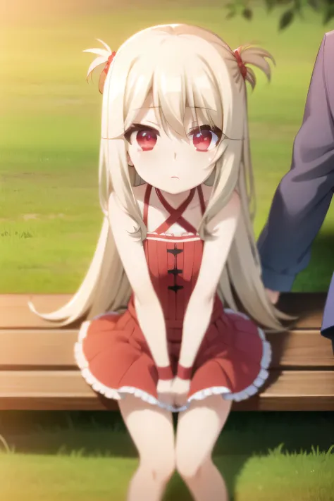 1boy and 1girl, cute small petite girl with long blonde hair and ruby red eyes and man talking in the park, wearing summer cloth...