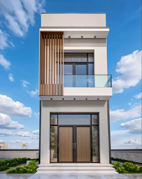 modern townhouse, white wall, glass door, glass railing, small bushes next to the house, ((daylight)), high resolution, super de...